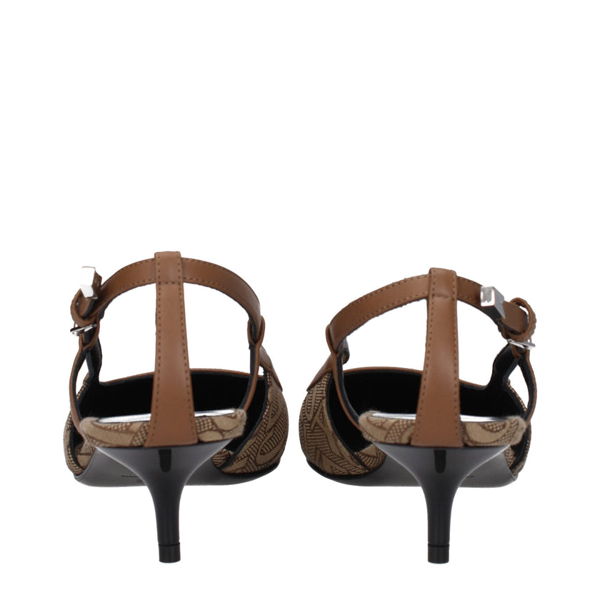 Beige Fabric Mid Heel PumpsDescription: The product with MPN 10114021A079772N24P and code F79955 fabric in beige is a sandals designed by Versace. It has features like logo. Additional Info: Style: Casual Closing type: Buckle Closure Materials: Fabric Sho