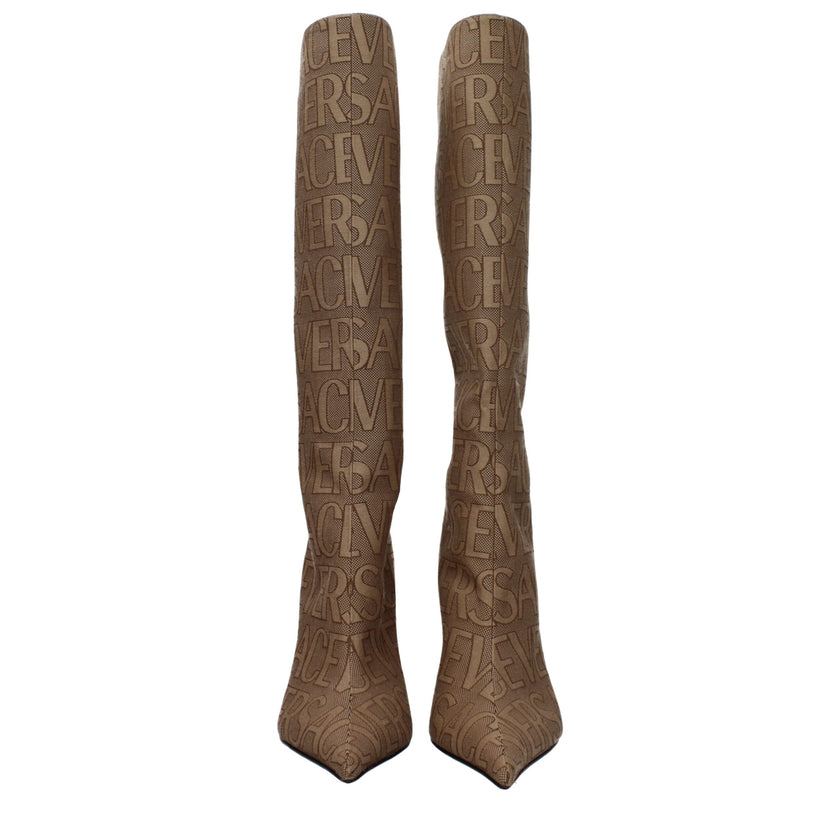 Beige Fabric High Heel BootsDescription: The product with MPN 10113981A079772N24P and code F80012 fabric in beige is a boots designed by Versace. It has features like logo. Additional Info: Style: Casual Closing type: Zip Closure Materials: Fabric Shoe so