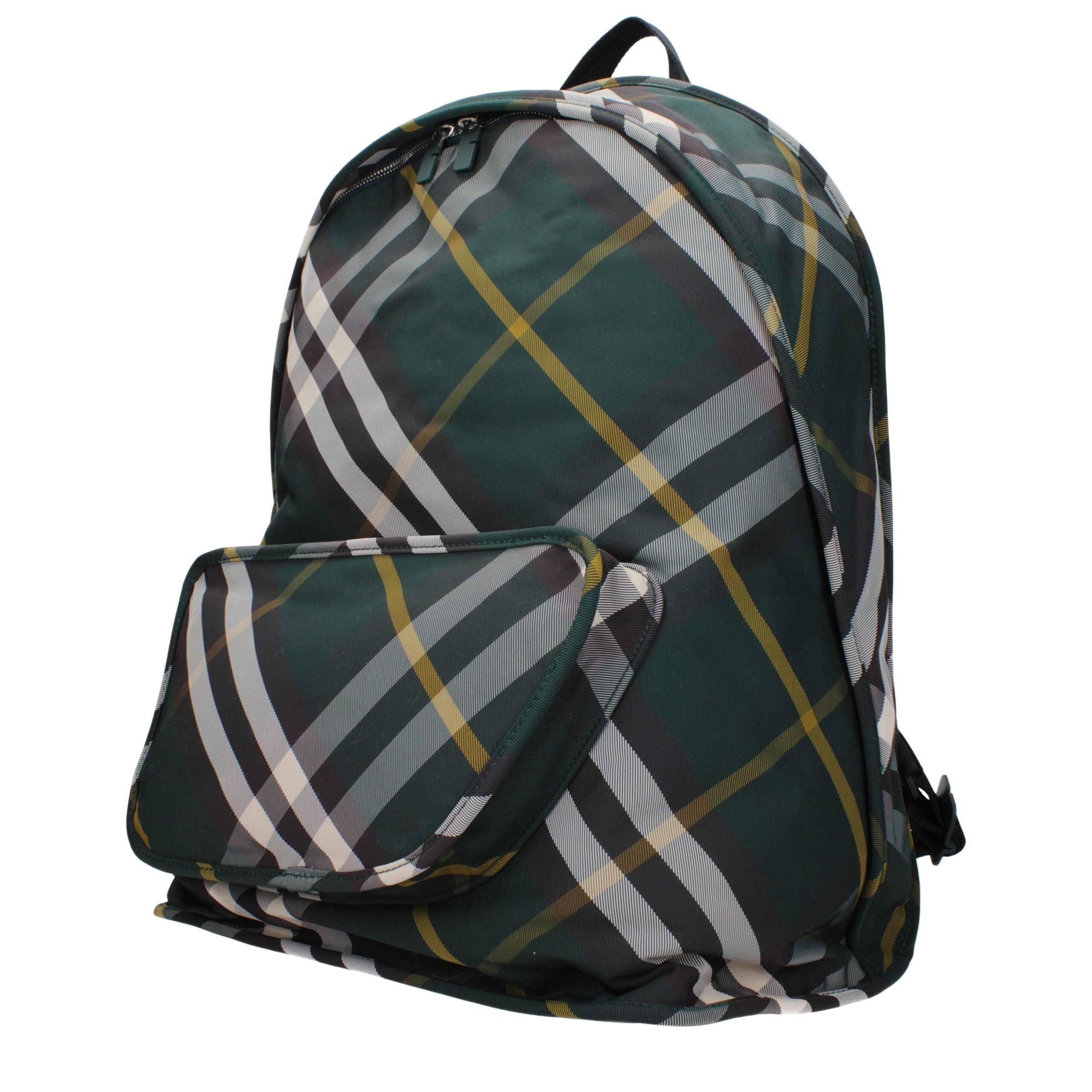 Green Fabric BackpackDescription: The product with MPN 8080679 and code F80533 fabric in green is a backpacks and bumbags designed by Burberry. It has features like back adjustable straps, print which can vary. Additional Info: Color details: Silver Bag s