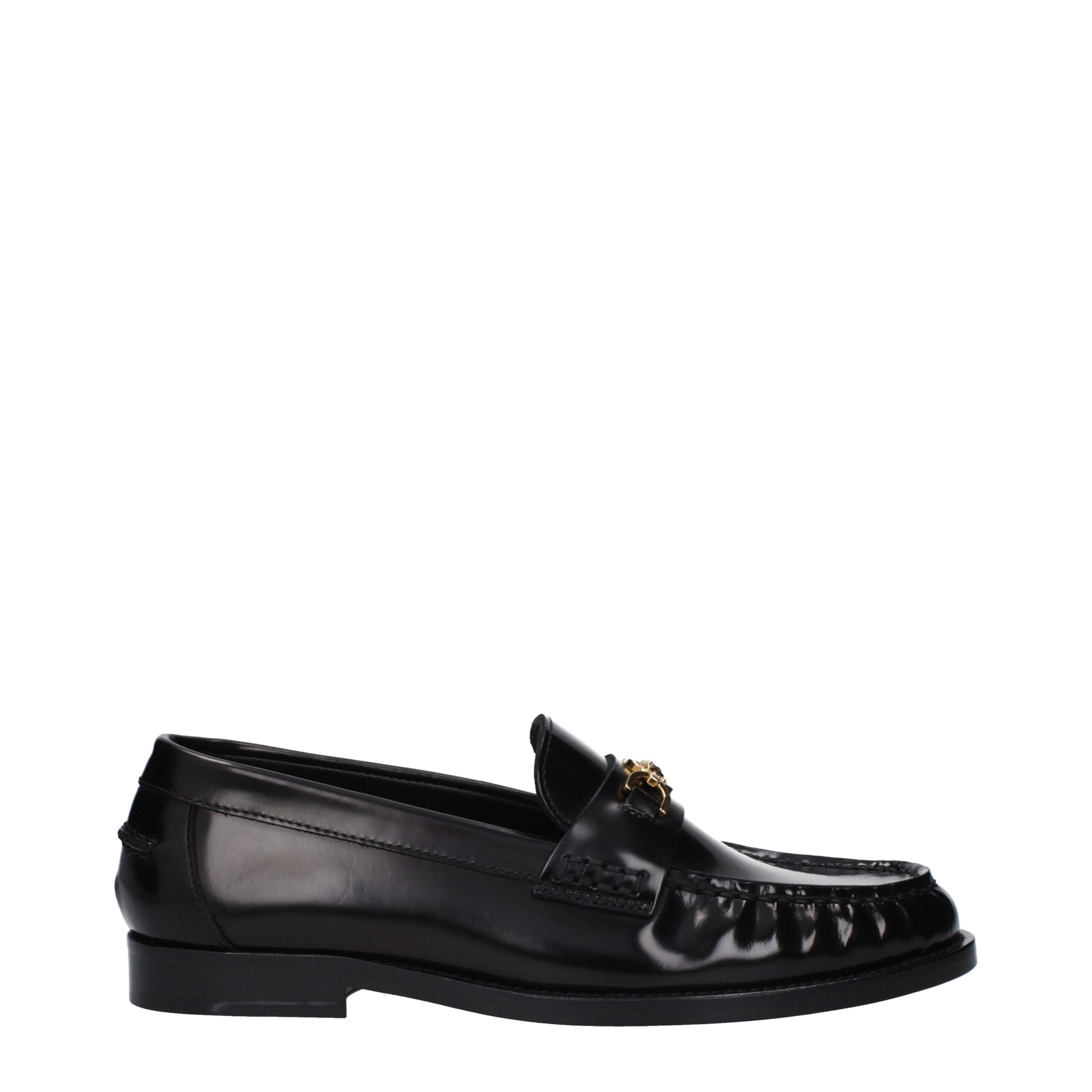 Black Leather Slip-On LoafersDescription: The product with MPN 10121231A087731B00V and code F82515 leather in black is a loafers designed by Versace. It has features like front detail, front logo. Additional Info: Style: Casual Shoe sole: Leather Shoe tip