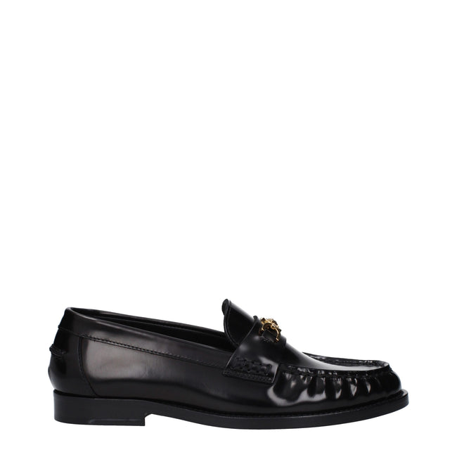 Black Leather Slip-On LoafersDescription: The product with MPN 10121231A087731B00V and code F82515 leather in black is a loafers designed by Versace. It has features like front detail, front logo. Additional Info: Style: Casual Shoe sole: Leather Shoe tip