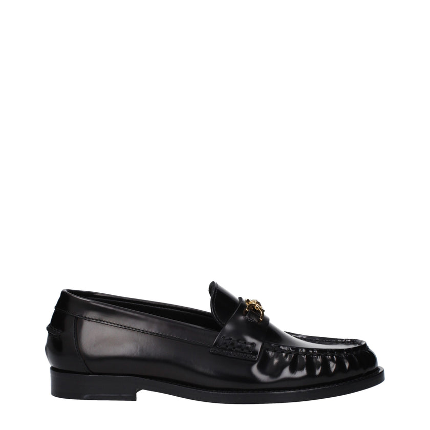 Black Leather Slip-On LoafersDescription: The product with MPN 10121231A087731B00V and code F82515 leather in black is a loafers designed by Versace. It has features like front detail, front logo. Additional Info: Style: Casual Shoe sole: Leather Shoe tip
