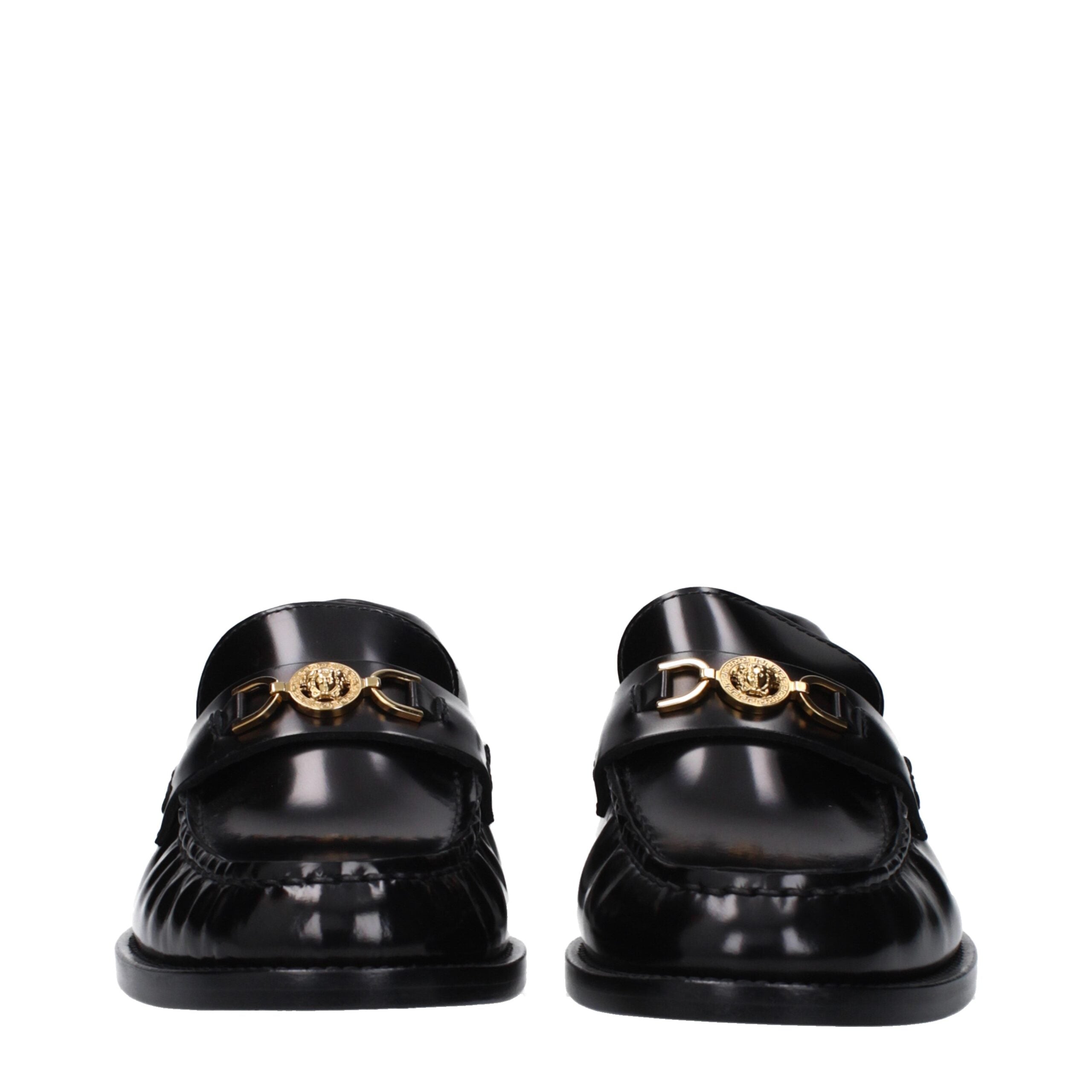Black Leather Loafers with Front Logo Detail
