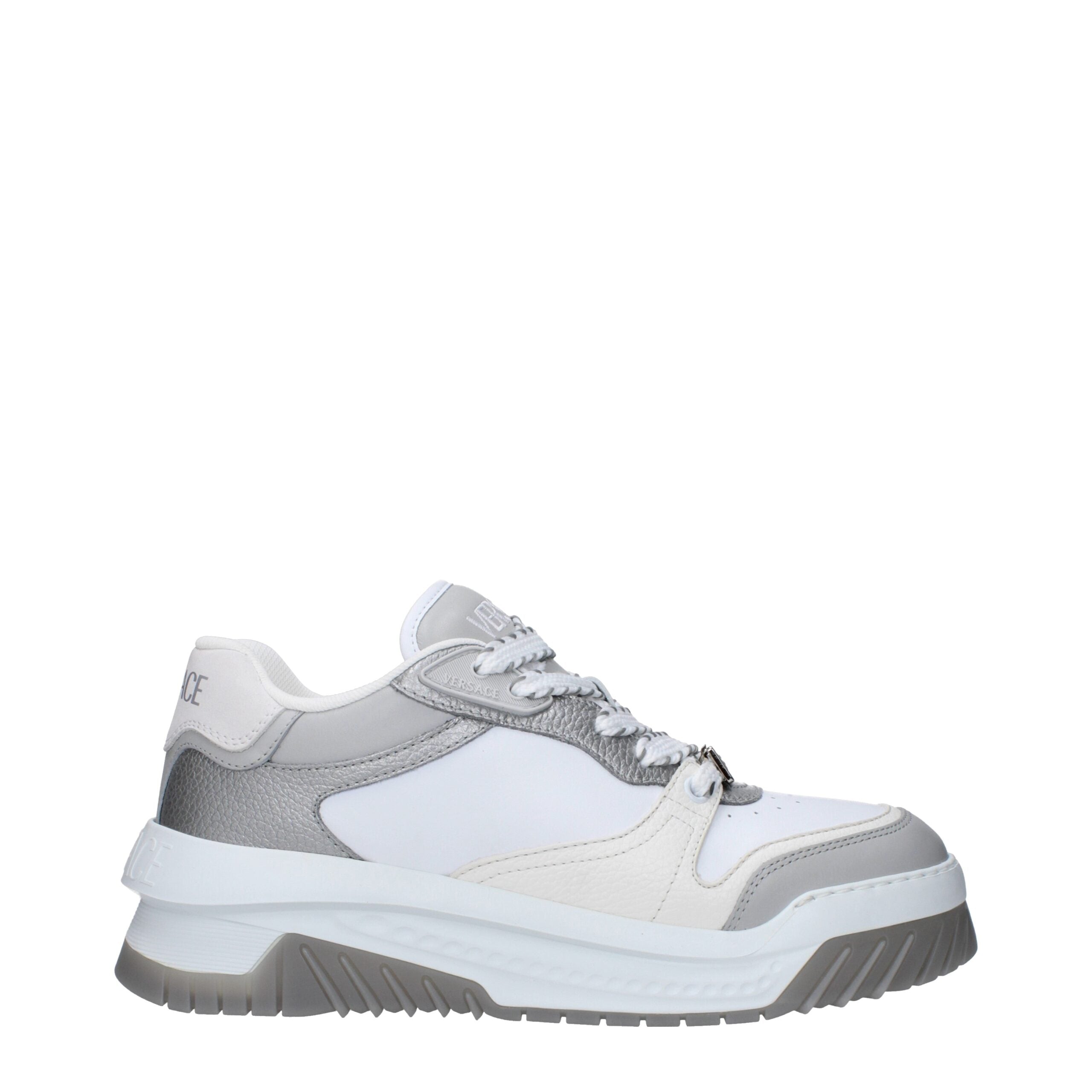 White Leather Chunky SneakersDescription: The product with MPN 10154371A109252E10P and code F82536 leather in white is a sneakers designed by Versace. It has features like front logo, side logo, back logo. Additional Info: Closing type: Lace up Closure Sh