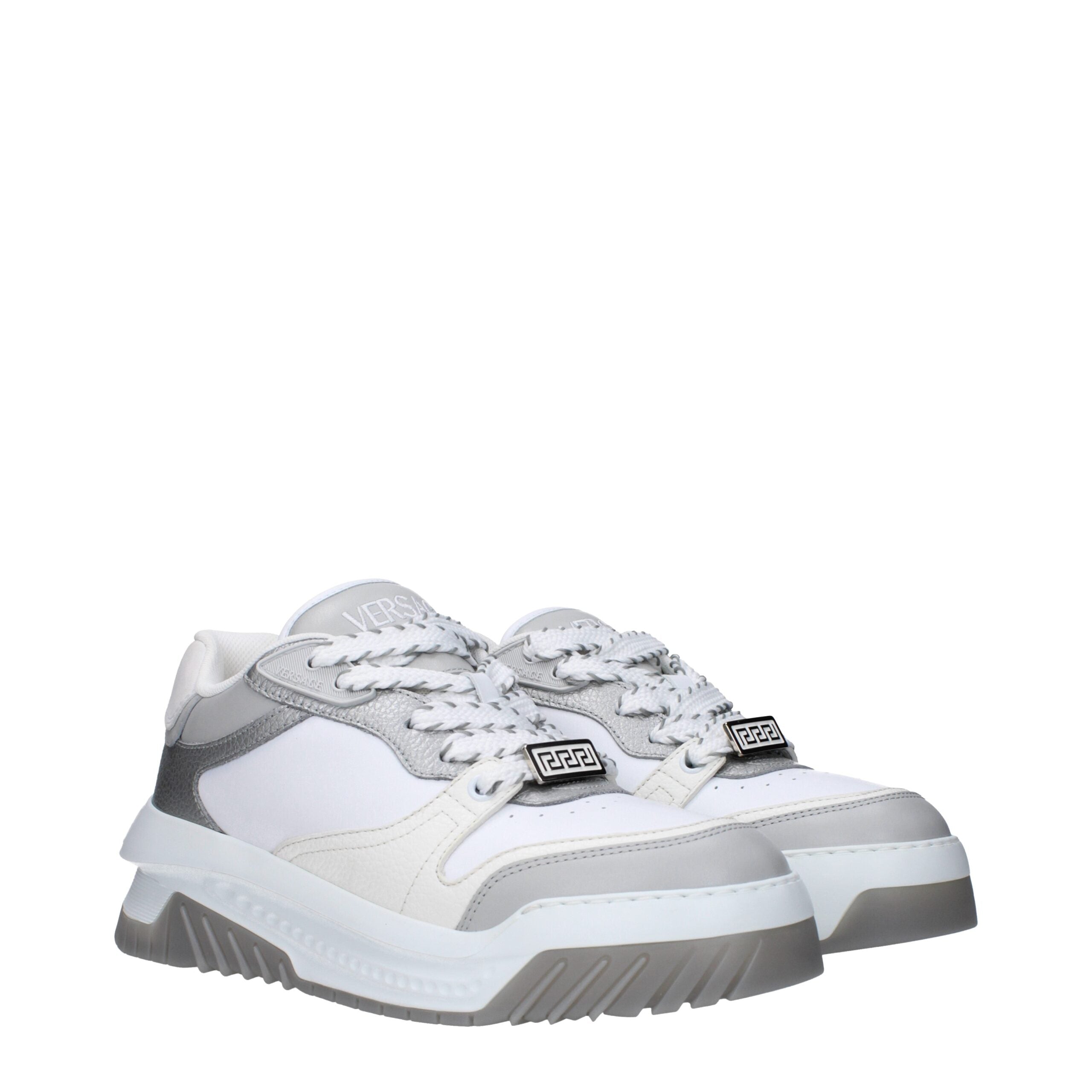 White Leather Chunky SneakersDescription: The product with MPN 10154371A109252E10P and code F82536 leather in white is a sneakers designed by Versace. It has features like front logo, side logo, back logo. Additional Info: Closing type: Lace up Closure Sh