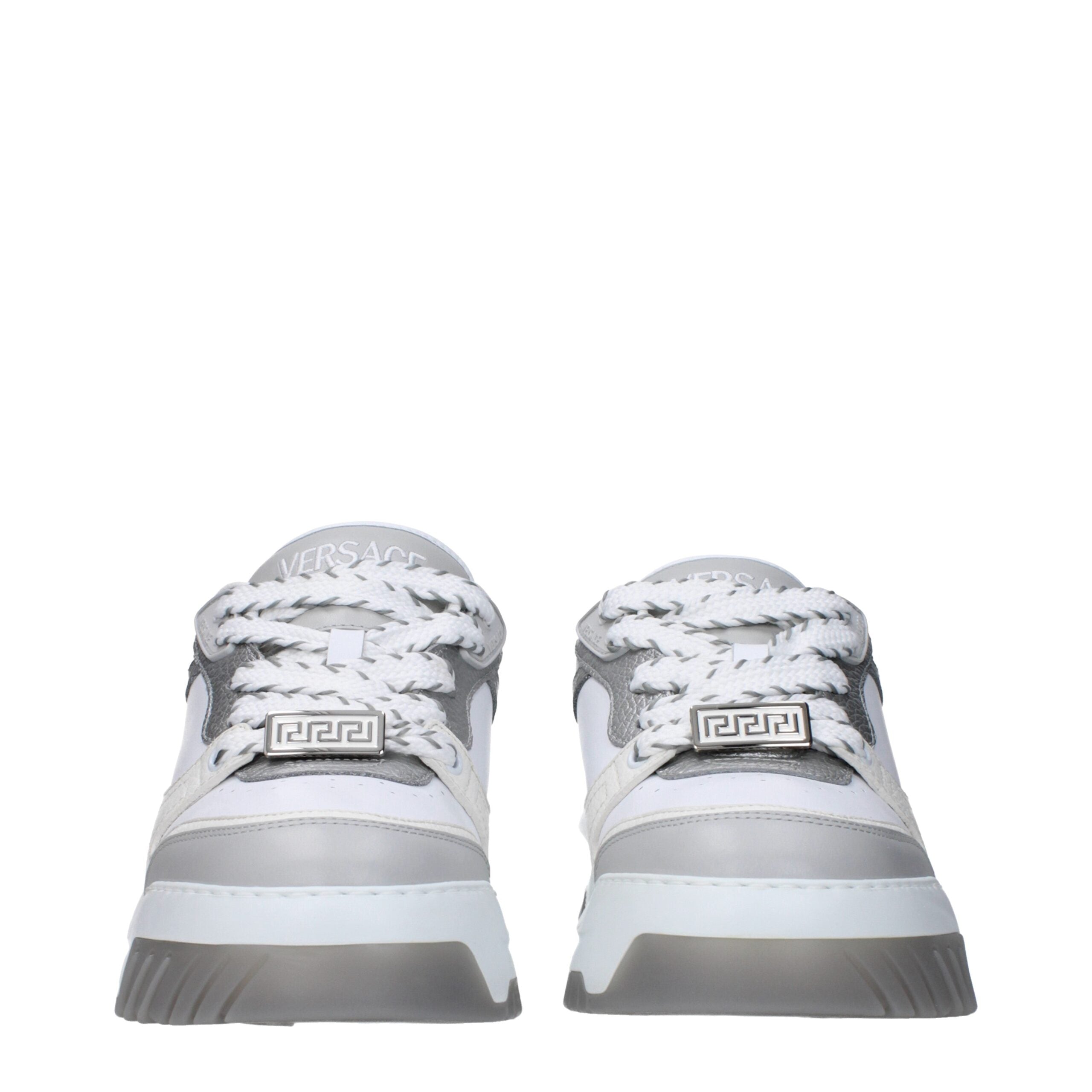 White Leather Chunky SneakersDescription: The product with MPN 10154371A109252E10P and code F82536 leather in white is a sneakers designed by Versace. It has features like front logo, side logo, back logo. Additional Info: Closing type: Lace up Closure Sh