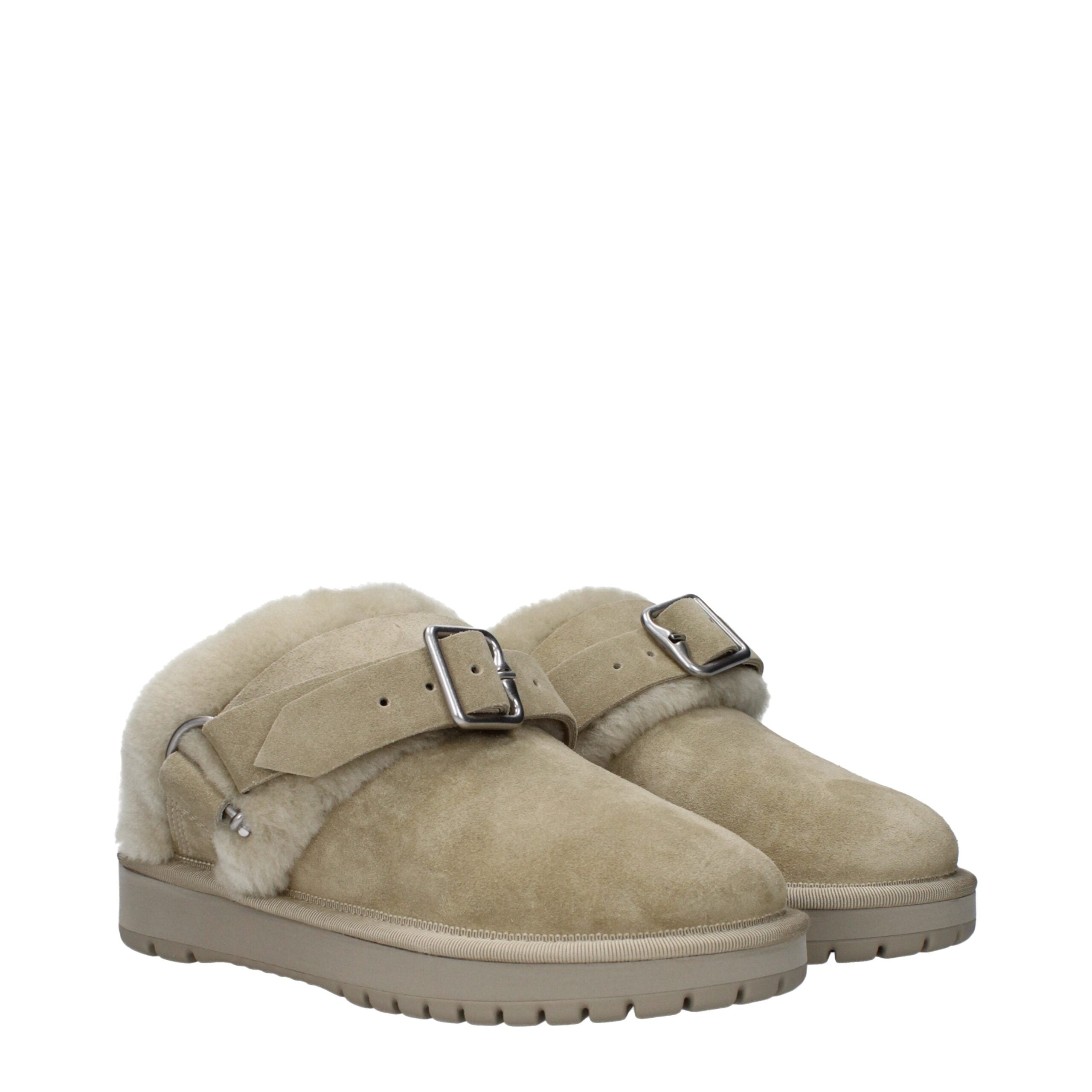 Green Leather Slippers with Fur Detail