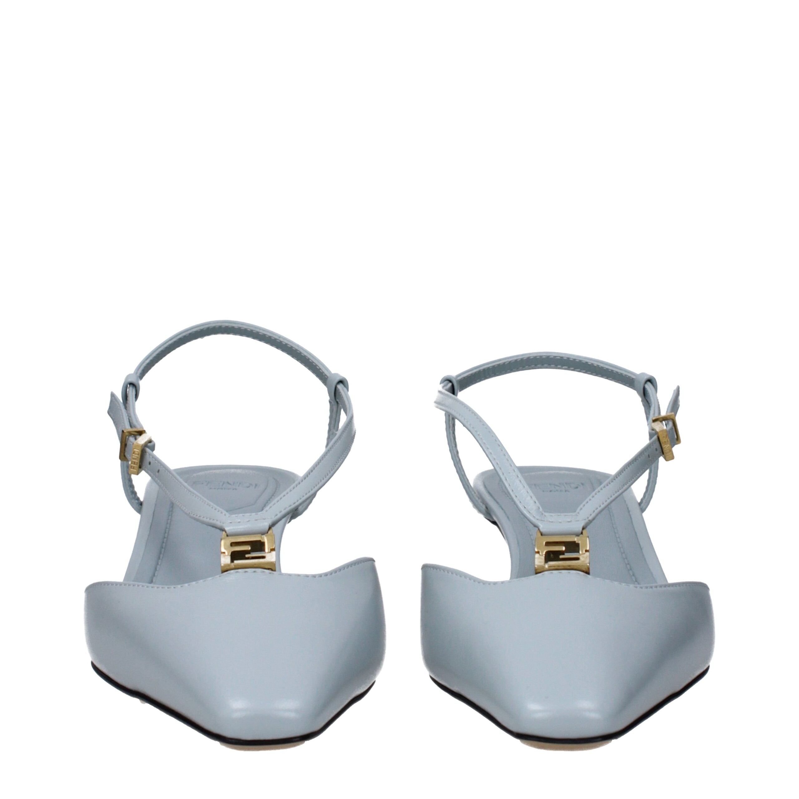Light Blue Leather Flat SandalsDescription: The product with MPN 8J8580NA7F1EPR and code F82830 leather in heavenly is a sandals designed by Fendi. It has features like front logo. Additional Info: Style: Casual Closing type: Buckle Closure Shoe sole: Lea
