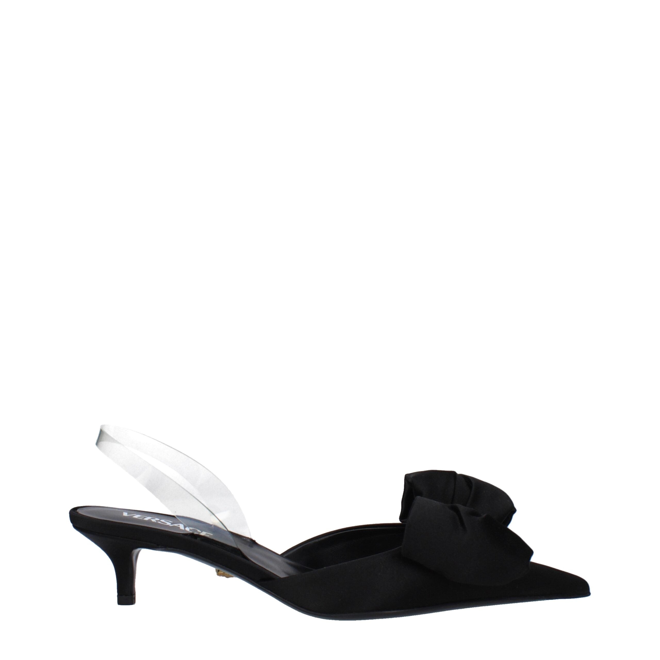 Black Satin Flat SandalsDescription: The product with MPN 10154241A084151B00V and code F82956 satin in black is a sandals designed by Versace. It has features like front detail. Additional Info: Style: Stylish Materials: Satin Shoe sole: Leather Heel heig