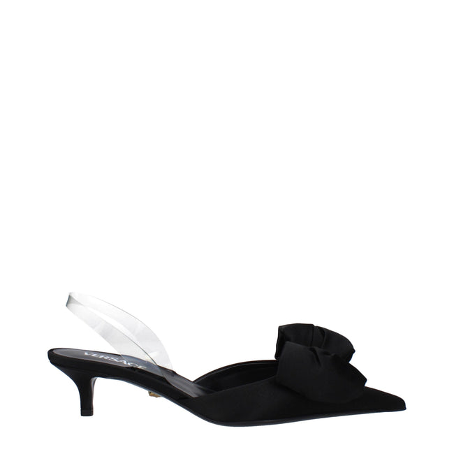 Black Satin Flat SandalsDescription: The product with MPN 10154241A084151B00V and code F82956 satin in black is a sandals designed by Versace. It has features like front detail. Additional Info: Style: Stylish Materials: Satin Shoe sole: Leather Heel heig