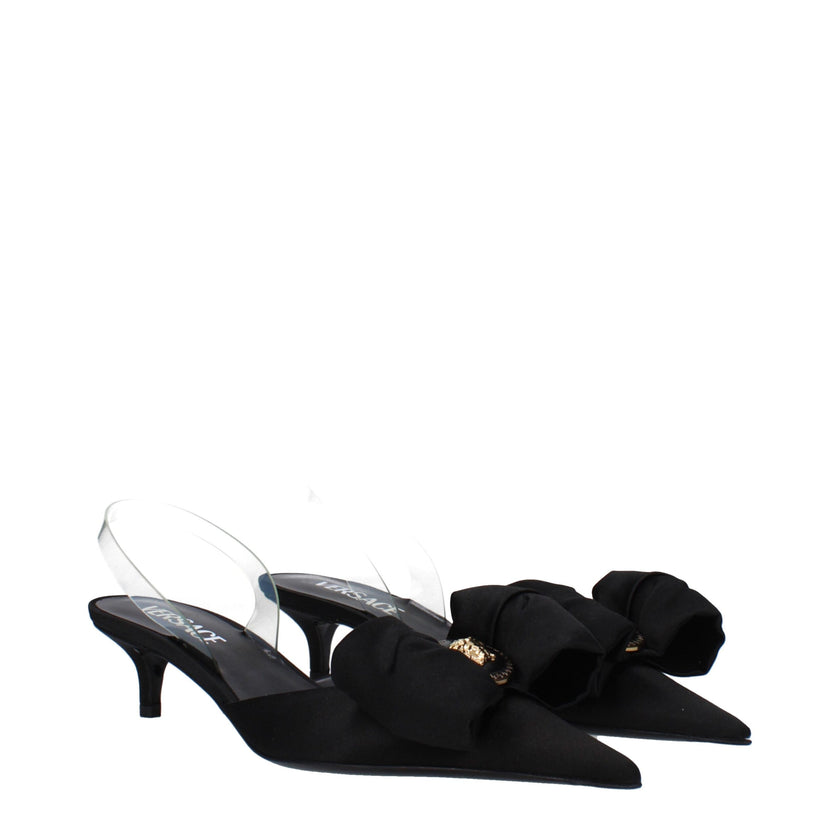 Black Satin Flat SandalsDescription: The product with MPN 10154241A084151B00V and code F82956 satin in black is a sandals designed by Versace. It has features like front detail. Additional Info: Style: Stylish Materials: Satin Shoe sole: Leather Heel heig