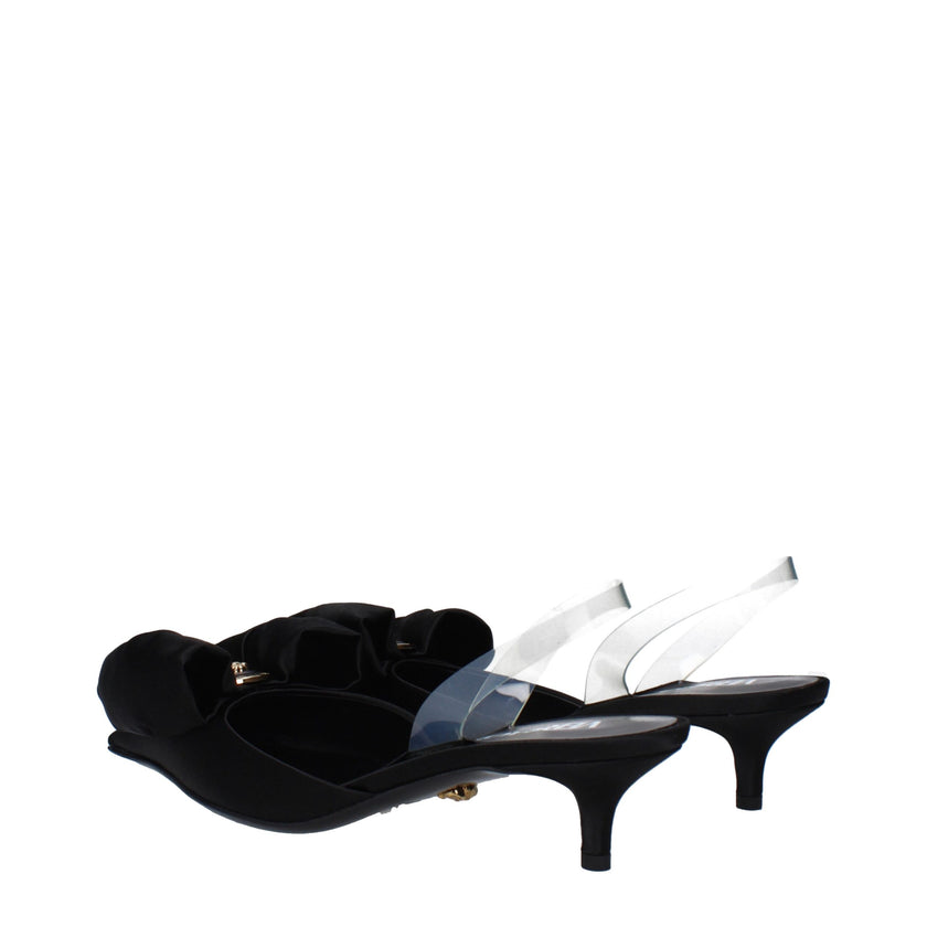 Black Satin Flat SandalsDescription: The product with MPN 10154241A084151B00V and code F82956 satin in black is a sandals designed by Versace. It has features like front detail. Additional Info: Style: Stylish Materials: Satin Shoe sole: Leather Heel heig