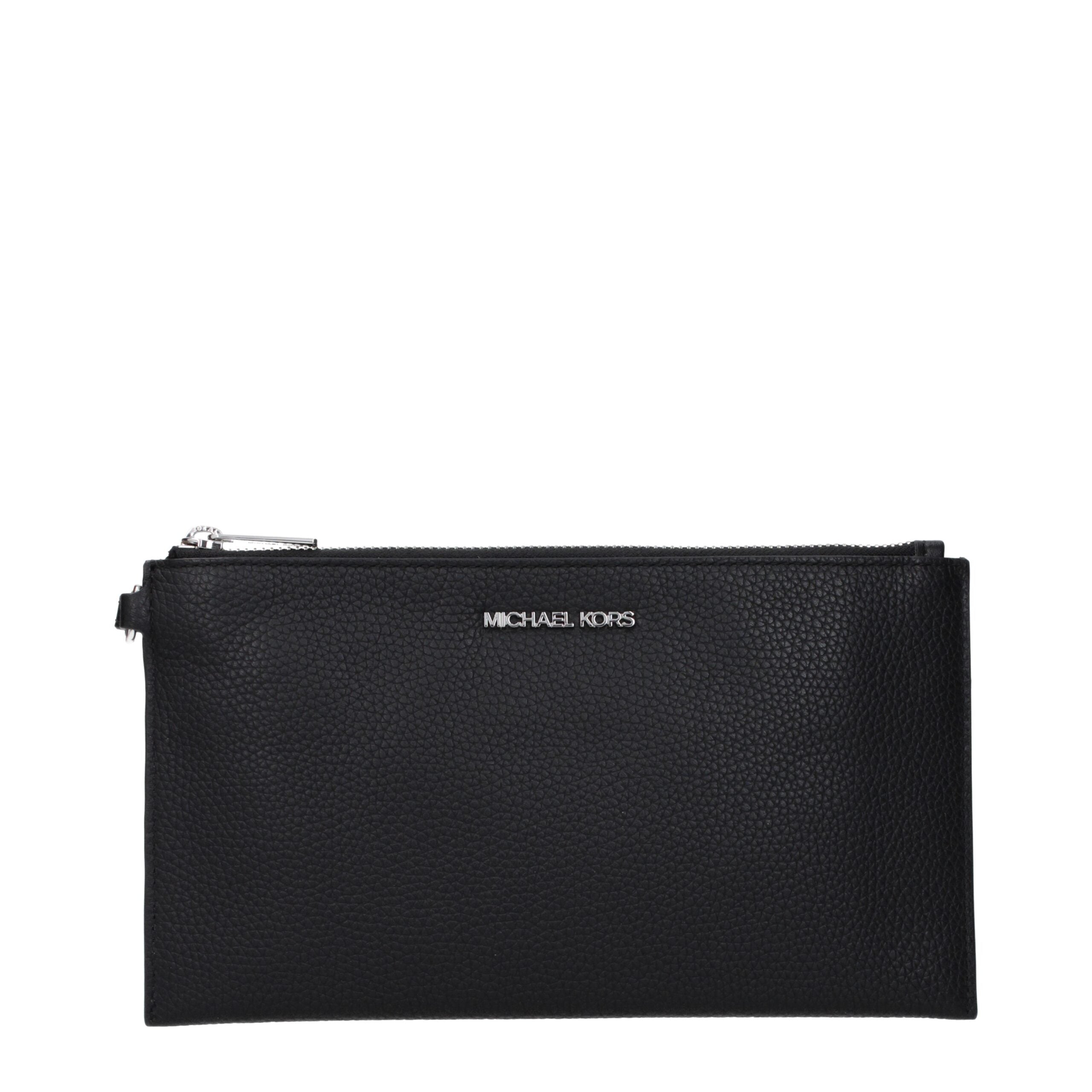 Black Leather Clutch Bag with Front Logo by Michael Kors
