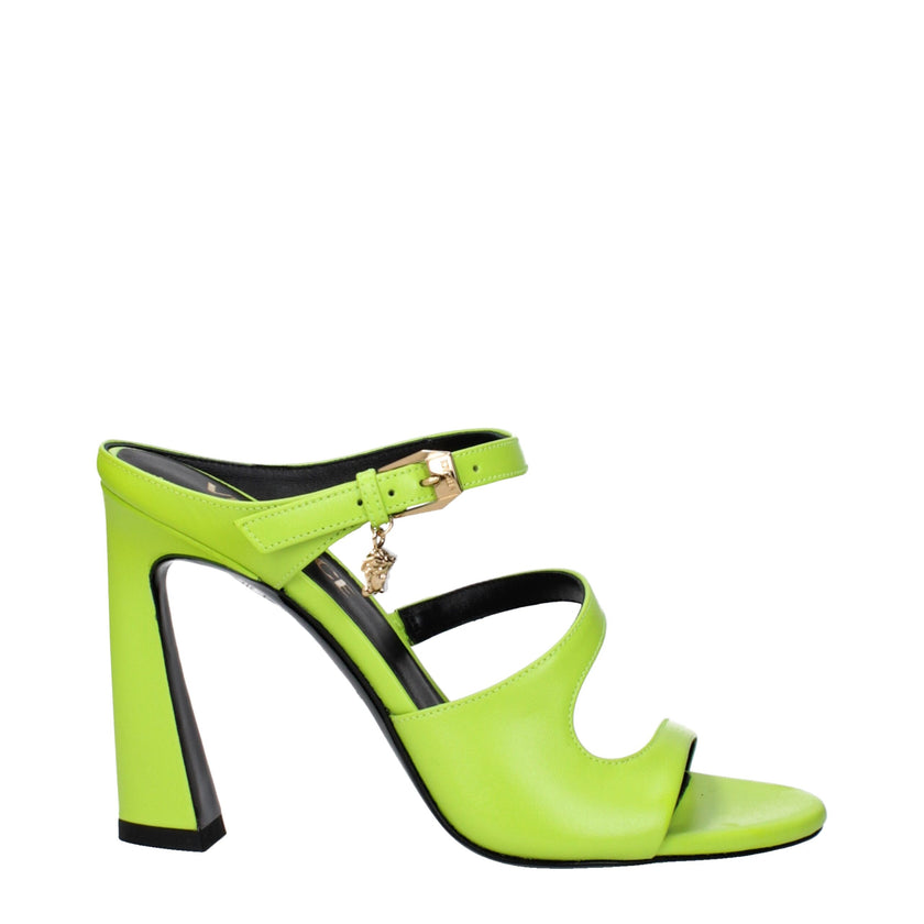 Green Leather Stiletto Heel SandalsDescription: The product with MPN 10185371A020871GF1V and code F83517 leather in green is a sandals designed by Versace. It has features like side detail, side logo. Additional Info: Color details: Gold Style: Stylish Cl