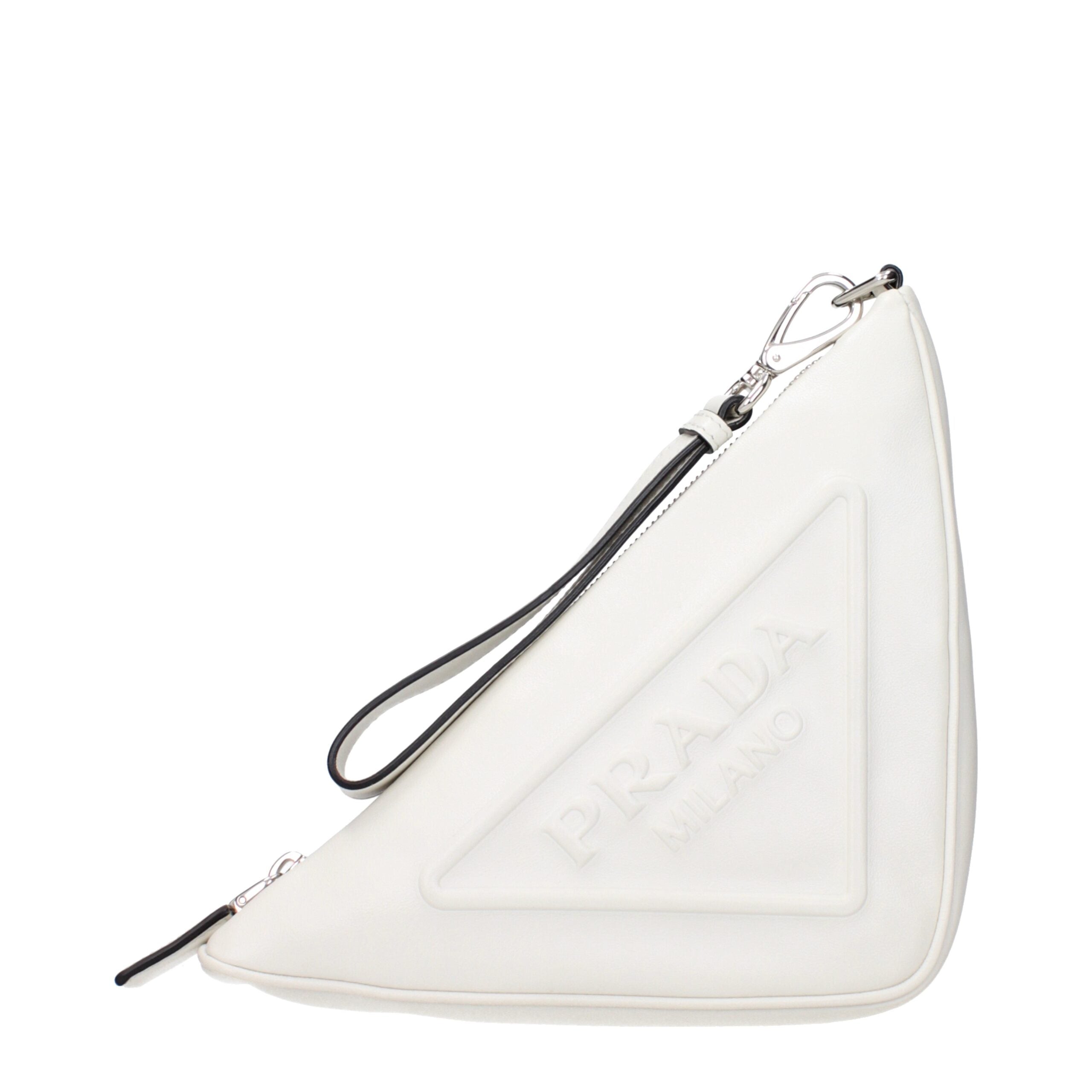 White Leather Clutch BagDescription: The product with MPN 1NE0392BYAF0009 and code F83693 leather in white is a clutches designed by Prada. It has features like front logo, back logo, removable handle, intentionally distressed areas may vary.White Leather