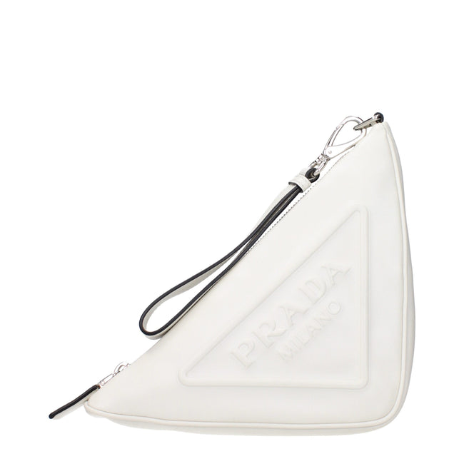 White Leather Clutch BagDescription: The product with MPN 1NE0392BYAF0009 and code F83693 leather in white is a clutches designed by Prada. It has features like front logo, back logo, removable handle, intentionally distressed areas may vary.White Leather