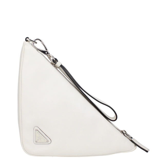 White Leather Clutch BagDescription: The product with MPN 1NE0392BYAF0009 and code F83693 leather in white is a clutches designed by Prada. It has features like front logo, back logo, removable handle, intentionally distressed areas may vary.White Leather