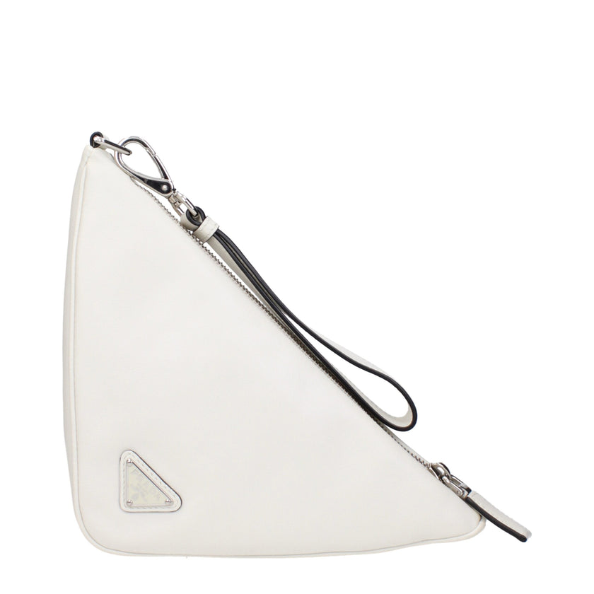 White Leather Clutch BagDescription: The product with MPN 1NE0392BYAF0009 and code F83693 leather in white is a clutches designed by Prada. It has features like front logo, back logo, removable handle, intentionally distressed areas may vary.White Leather