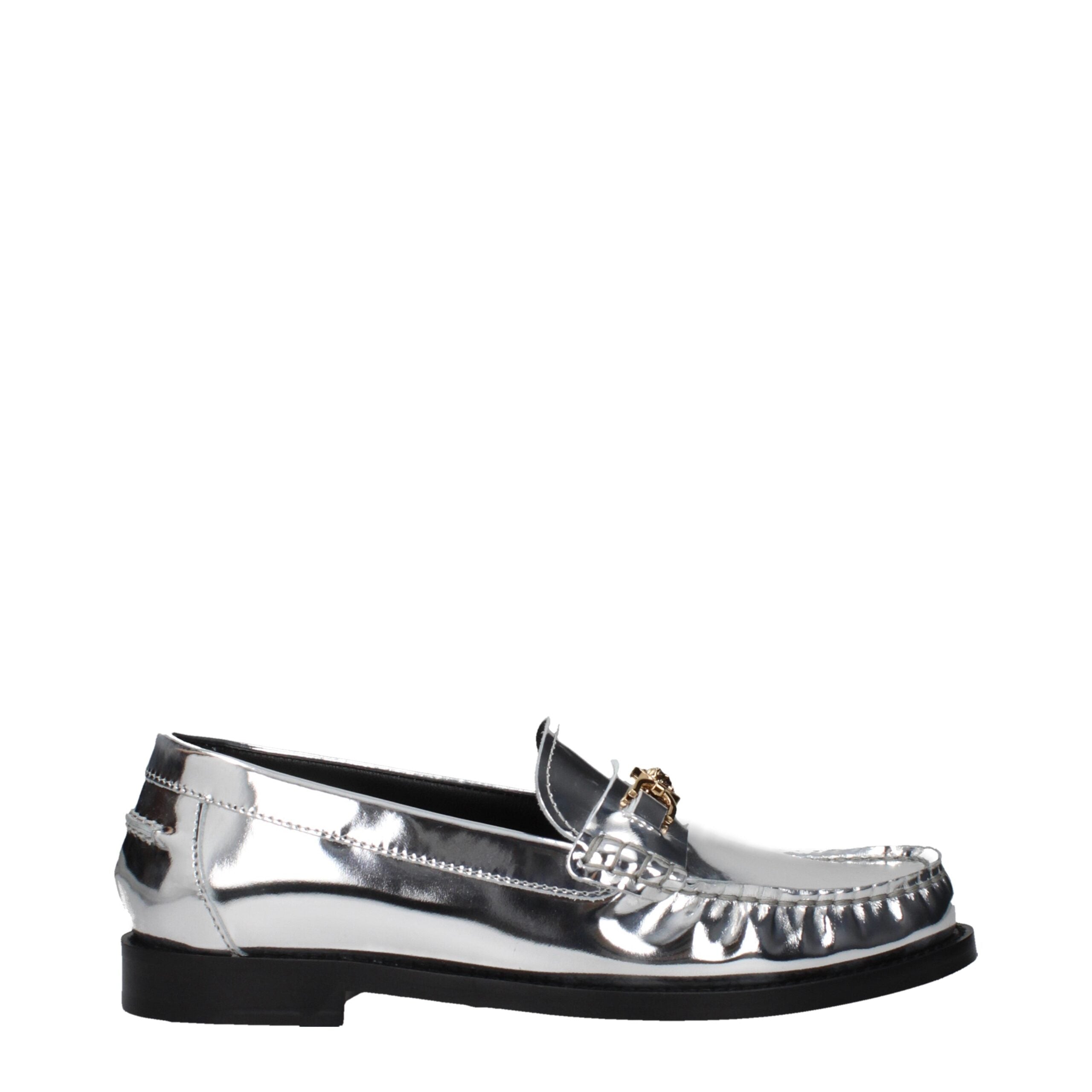 Gray Leather Slip-On LoafersDescription: The product with MPN 10121231A043021E01V and code F83780 leather in silver is a loafers designed by Versace. It has features like front logo, metallic effect. Additional Info: Style: Casual Shoe sole: Leather Shoe