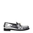 Gray Leather Slip-On LoafersDescription: The product with MPN 10121231A043021E01V and code F83780 leather in silver is a loafers designed by Versace. It has features like front logo, metallic effect. Additional Info: Style: Casual Shoe sole: Leather Shoe