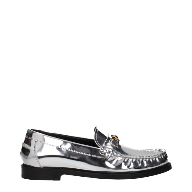 Gray Leather Slip-On LoafersDescription: The product with MPN 10121231A043021E01V and code F83780 leather in silver is a loafers designed by Versace. It has features like front logo, metallic effect. Additional Info: Style: Casual Shoe sole: Leather Shoe