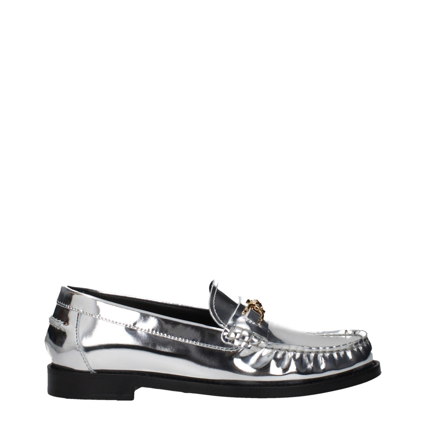 Gray Leather Slip-On LoafersDescription: The product with MPN 10121231A043021E01V and code F83780 leather in silver is a loafers designed by Versace. It has features like front logo, metallic effect. Additional Info: Style: Casual Shoe sole: Leather Shoe