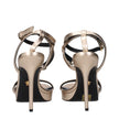 Gold Leather Stiletto Heel SandalsDescription: The product with MPN 10121341A085391Y84V and code F83763 leather in gold is a sandals designed by Versace. It has features like front logo. Additional Info: Style: Casual Closing type: Buckle Closure Shoe sol
