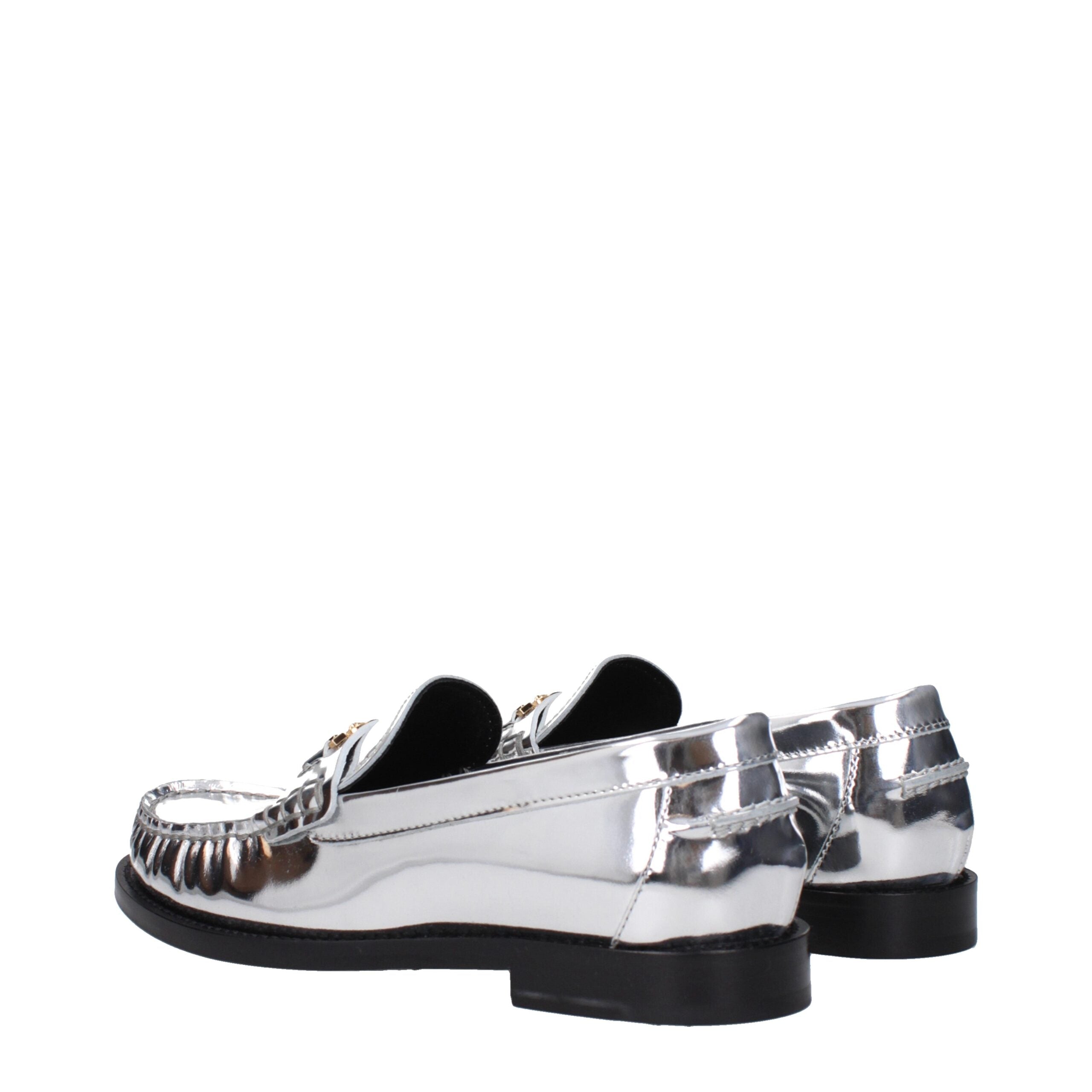 Gray Leather Slip-On LoafersDescription: The product with MPN 10121231A043021E01V and code F83780 leather in silver is a loafers designed by Versace. It has features like front logo, metallic effect. Additional Info: Style: Casual Shoe sole: Leather Shoe
