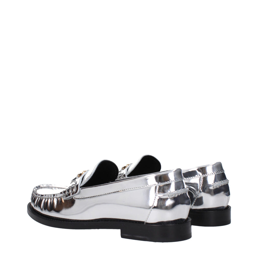 Gray Leather Slip-On LoafersDescription: The product with MPN 10121231A043021E01V and code F83780 leather in silver is a loafers designed by Versace. It has features like front logo, metallic effect. Additional Info: Style: Casual Shoe sole: Leather Shoe