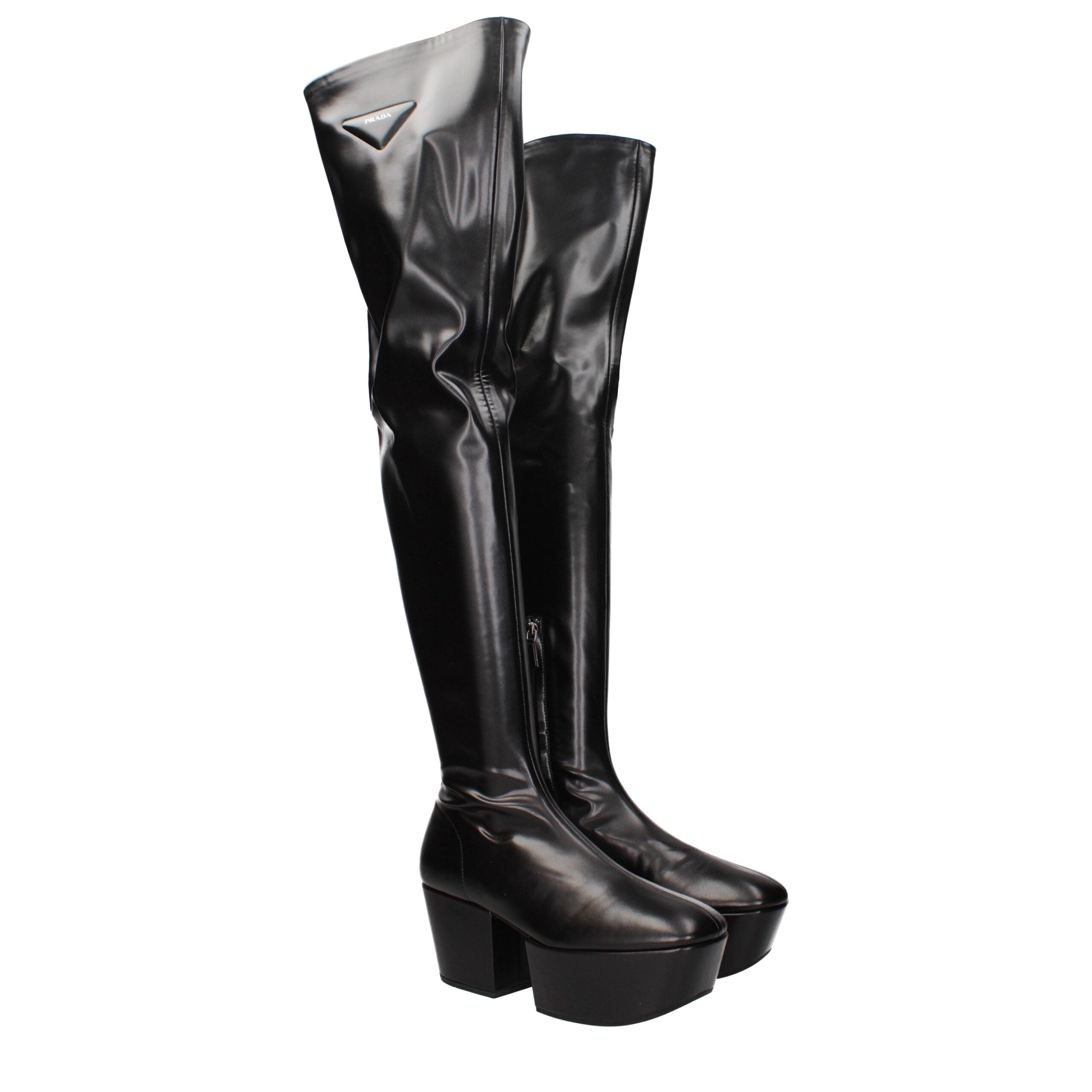 Schwarze Overknee-Stiefel aus Leder mit Frontlogo von Prada
