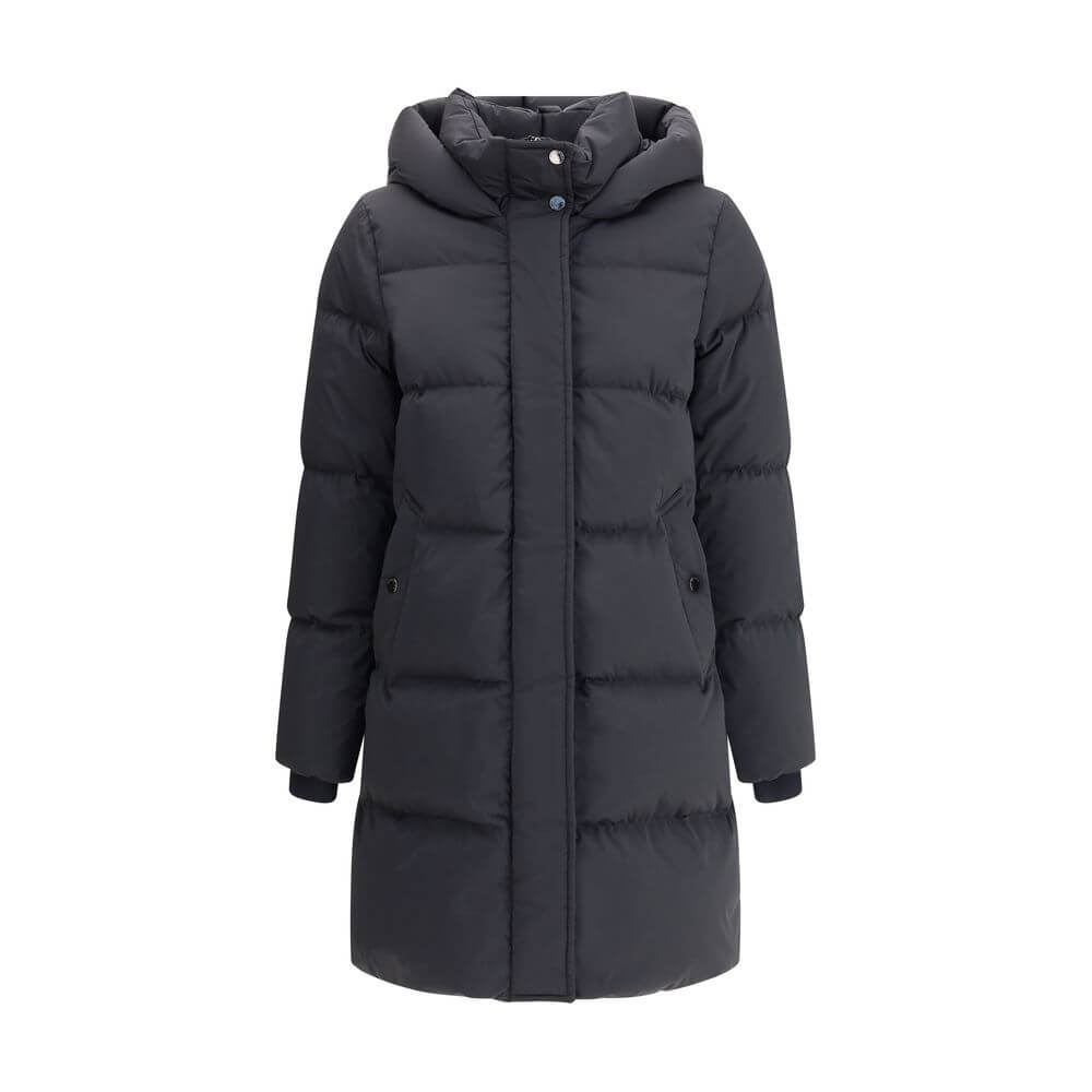 Black Goose Down CoatThe Kelly Down Jacket by Woolrich combines practicality and contemporary style. Featuring elastic cuffs and a hood, it features a front zipper and button closure, zippered side slits and two welt pockets. The padded and quilted design
