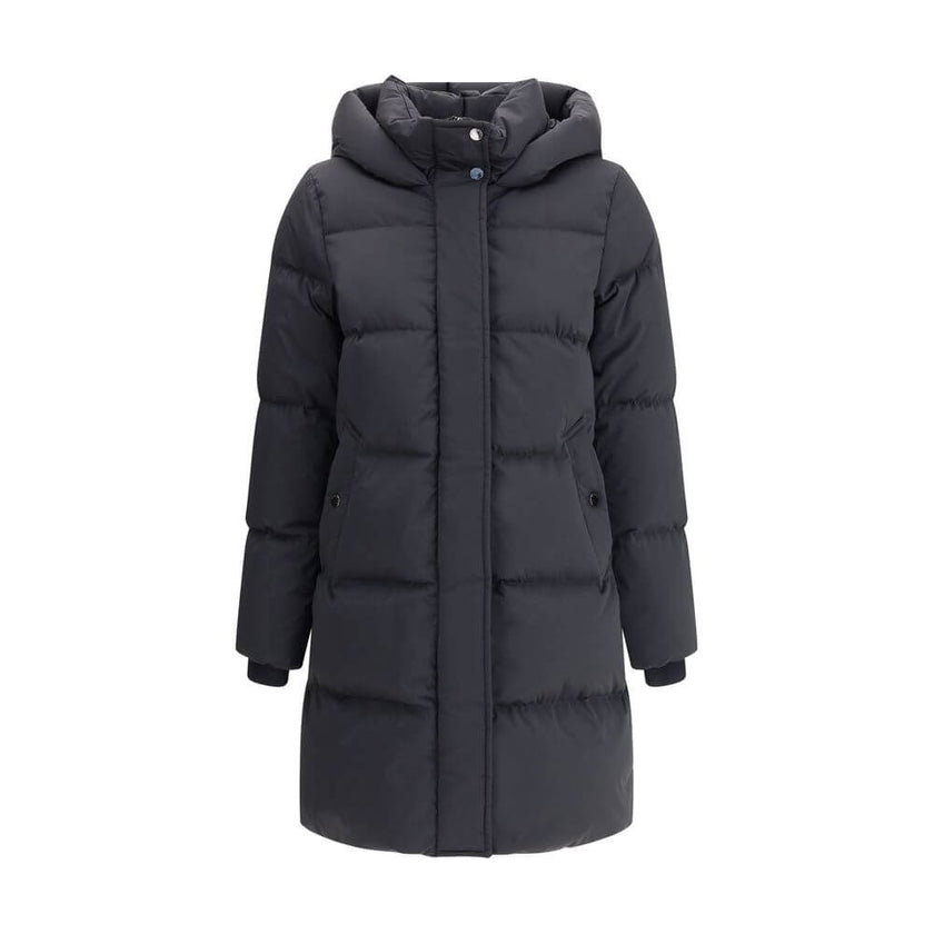 Black Goose Down CoatThe Kelly Down Jacket by Woolrich combines practicality and contemporary style. Featuring elastic cuffs and a hood, it features a front zipper and button closure, zippered side slits and two welt pockets. The padded and quilted design