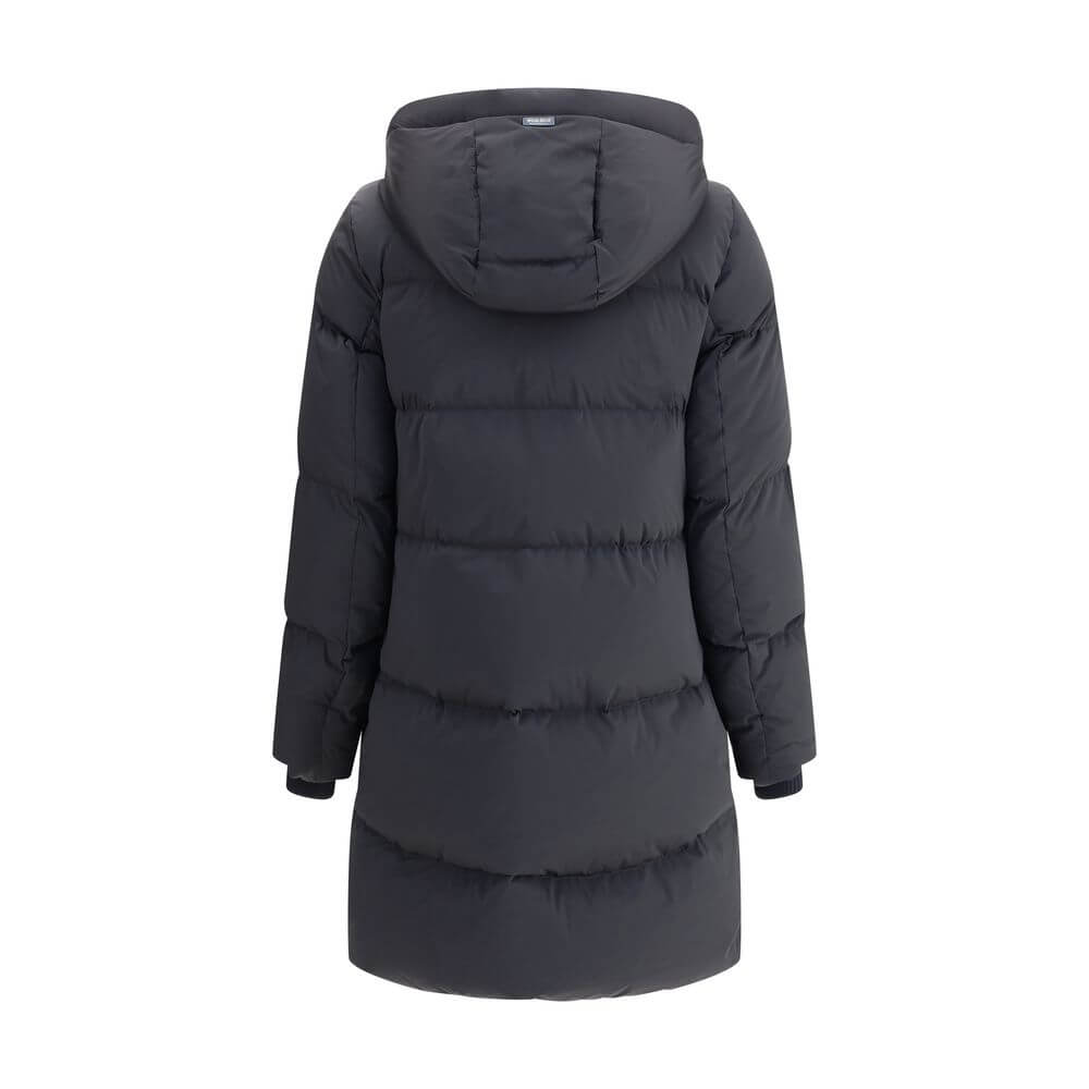 Black Goose Down CoatThe Kelly Down Jacket by Woolrich combines practicality and contemporary style. Featuring elastic cuffs and a hood, it features a front zipper and button closure, zippered side slits and two welt pockets. The padded and quilted design