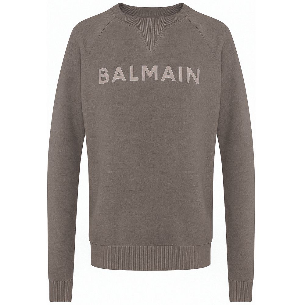 Gray Cotton Men SweaterElevate your streetwear game with the Balmain sweatshirt, a testament to understated luxury and high-end casual style. Crafted with exquisite attention to detail, this grey melange cotton piece is adorned with a striking applied log