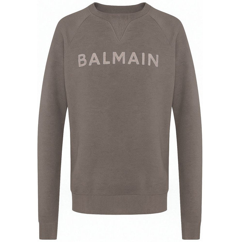 Gray Cotton Men SweaterElevate your streetwear game with the Balmain sweatshirt, a testament to understated luxury and high-end casual style. Crafted with exquisite attention to detail, this grey melange cotton piece is adorned with a striking applied log