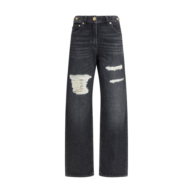 Black Cotton Relaxed Fit JeansMid-rise Jeans by Versace, made of pure cotton and featuring a five-pocket design. The model is distinguished by cut-out details on the front, embellished with applied gold metallic mesh inserts, which add a bold and contempo