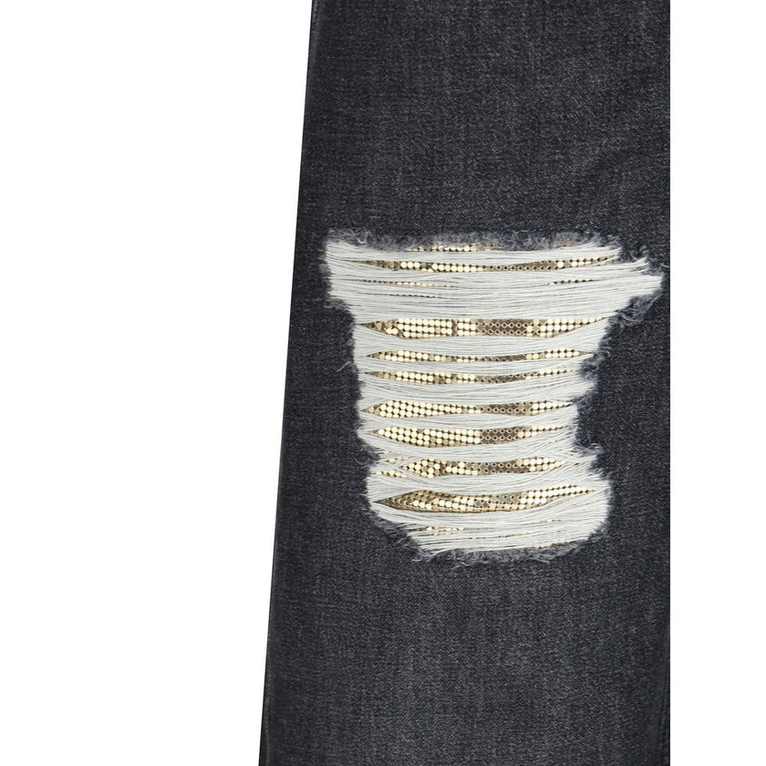 Black Cotton Relaxed Fit JeansMid-rise Jeans by Versace, made of pure cotton and featuring a five-pocket design. The model is distinguished by cut-out details on the front, embellished with applied gold metallic mesh inserts, which add a bold and contempo
