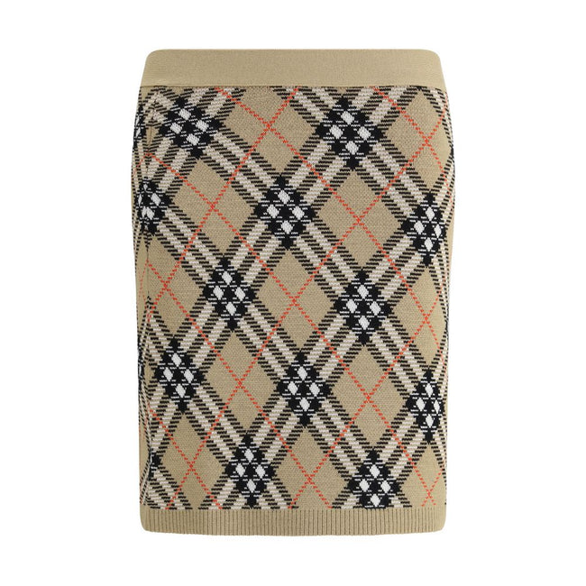 Beige Wool Mini SkirtBurberry’s wool-blend Miniskirt features refined Burberry Check embroidery that covers the entire surface, lending a touch of timeless elegance. The elastic waist ensures comfort and fit, while the ribbed hem adds a stylish detail. Un