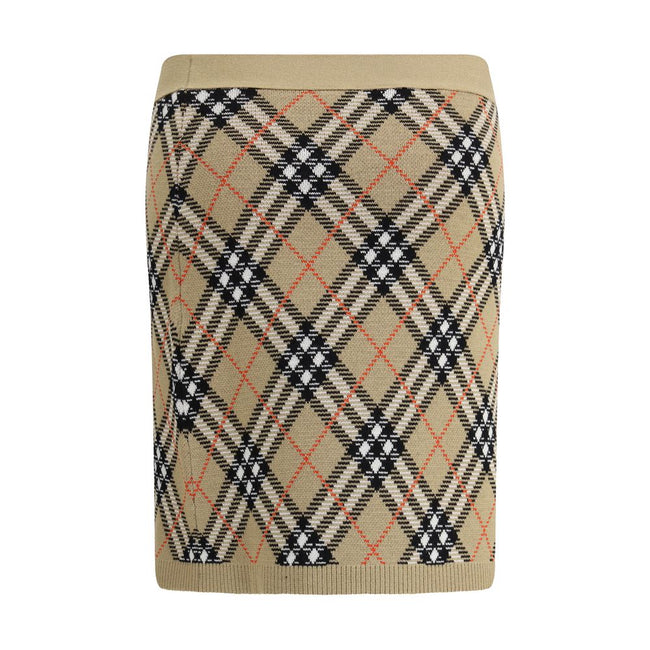 Beige Wool Mini SkirtBurberry’s wool-blend Miniskirt features refined Burberry Check embroidery that covers the entire surface, lending a touch of timeless elegance. The elastic waist ensures comfort and fit, while the ribbed hem adds a stylish detail. Un