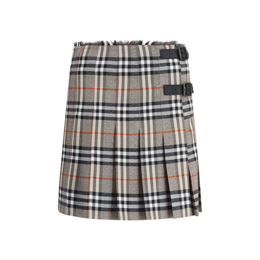 Gray Wool Mini SkirtBurberry’s Check Archive Wool Miniskirt features a flared silhouette with pleats that give it movement and femininity. The waist is finished with short, thin bangs, while leather straps with a B-shaped buckle allow for tailored adjustm