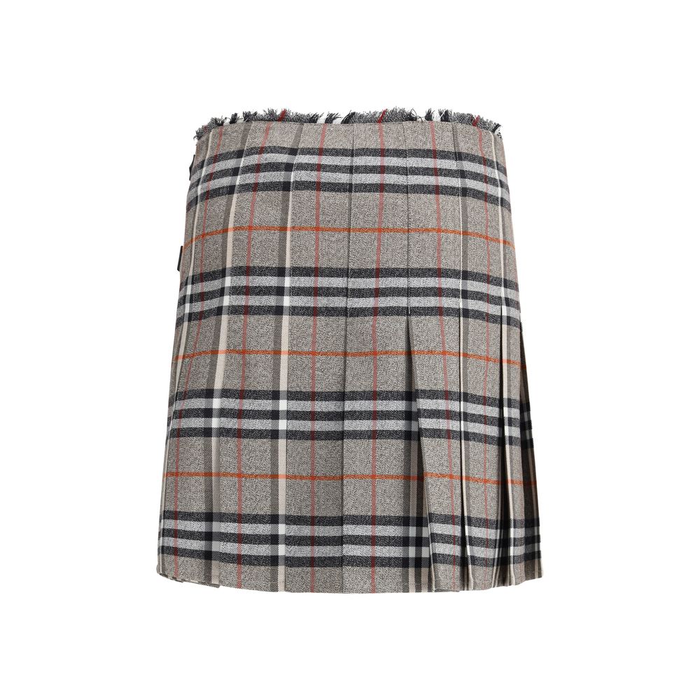 Gray Wool Mini SkirtBurberry’s Check Archive Wool Miniskirt features a flared silhouette with pleats that give it movement and femininity. The waist is finished with short, thin bangs, while leather straps with a B-shaped buckle allow for tailored adjustm