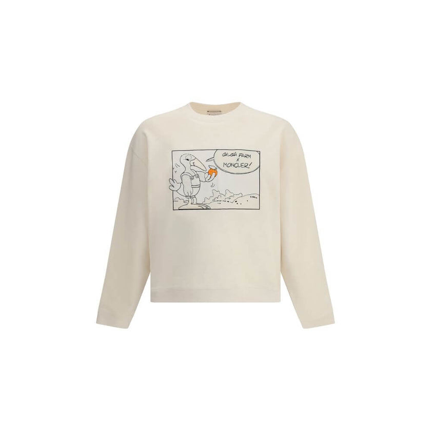 Moncler x Gilga Farm by Donald Glover cotton SweatshirtDonald Glover’s Moncler x Gilga Farm Cotton Sweatshirt playfully celebrates the brand’s mascot during a visit to Gilga Farm. Crafted from soft cotton fleece, this crewneck sweatshirt combines comfort