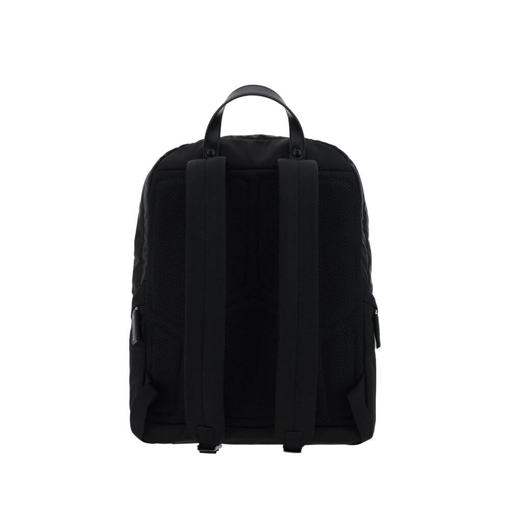Black Nylon BackpackRe-Nylon backpack by Prada, handle on leather top, adjustable shoulder straps, padded mesh back, zippered top closure, interior slit pocket with zipper closure, interior patch pocket, two exterior zippered pockets, contrasting iconic m