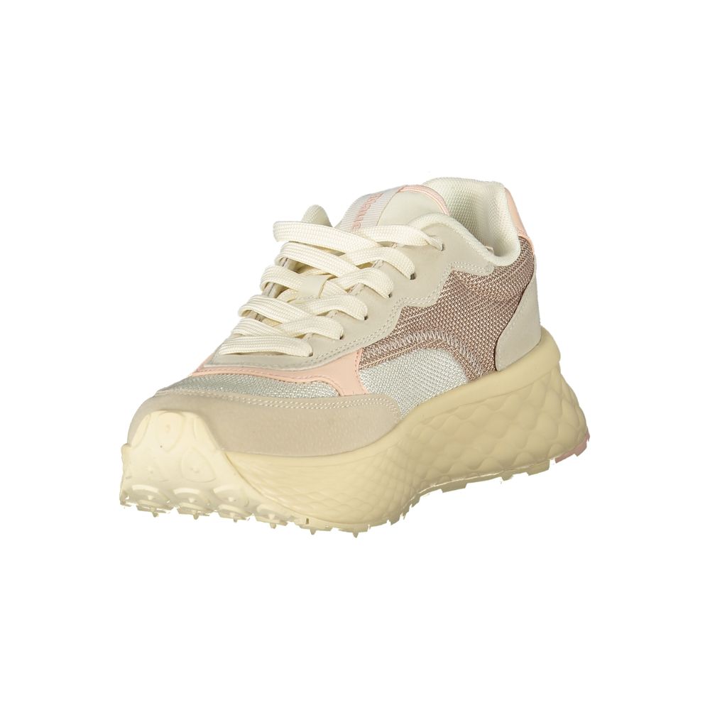 Beigefarbener Damen-Sneaker aus Synthetik mit pinkfarbenem Detail