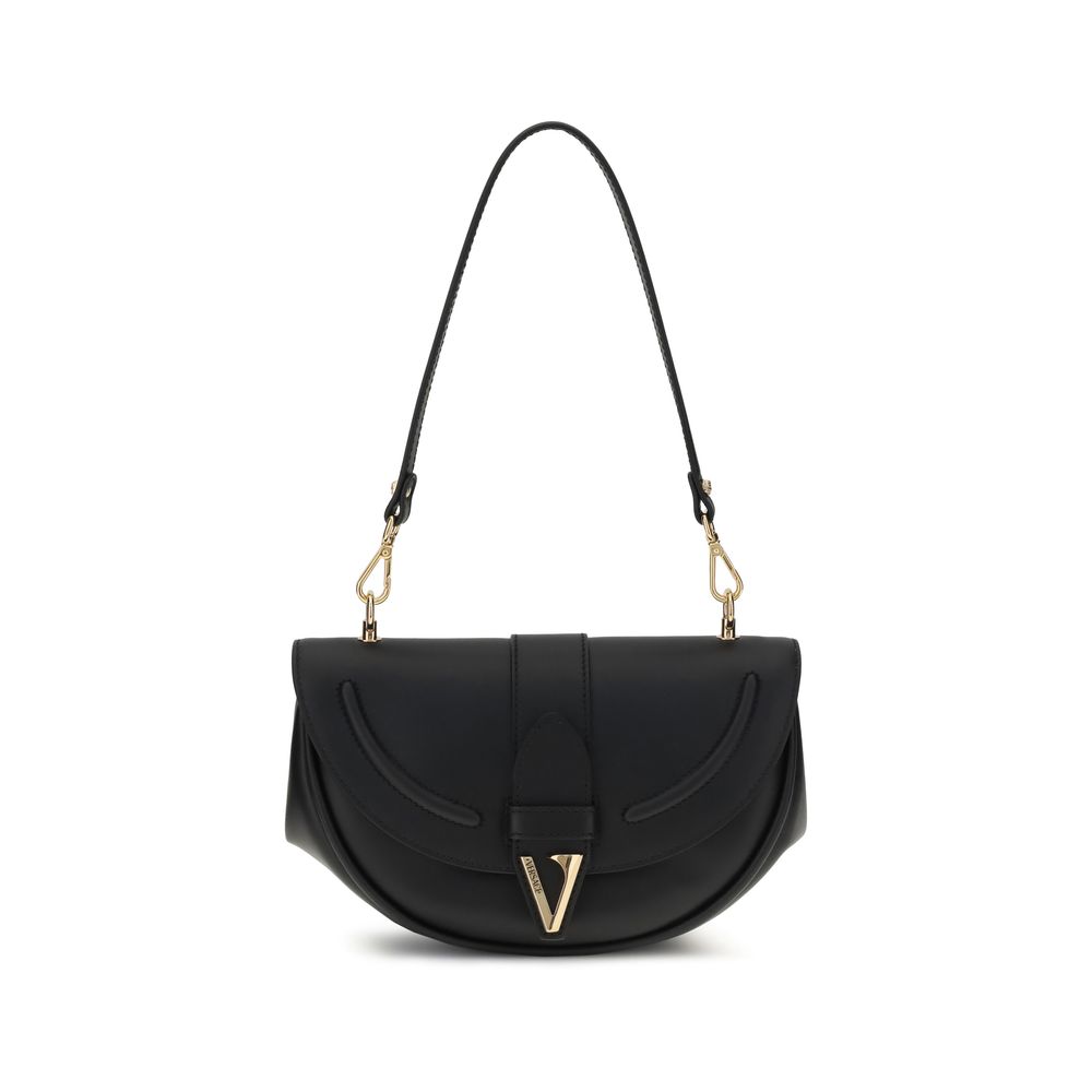 Black Calf Leather Bos Taurus Shoulder BagThe Medium Virtus Shoulder Bag by Versace embodies elegance and character with its iconic V-shaped accessory engraved with the Versace logo. Equipped with a front flap with magnetic closure, it features an interio