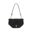 Black Calf Leather Bos Taurus Shoulder BagThe Medium Virtus Shoulder Bag by Versace embodies elegance and character with its iconic V-shaped accessory engraved with the Versace logo. Equipped with a front flap with magnetic closure, it features an interio
