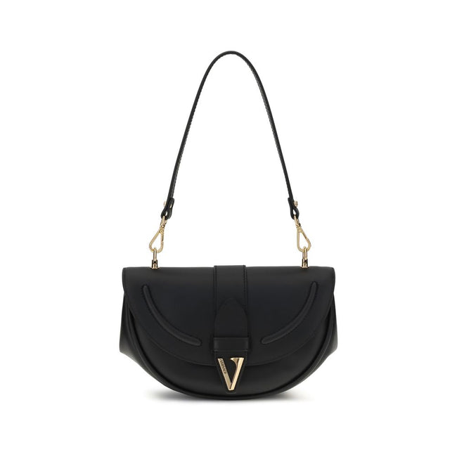 Black Calf Leather Bos Taurus Shoulder BagThe Medium Virtus Shoulder Bag by Versace embodies elegance and character with its iconic V-shaped accessory engraved with the Versace logo. Equipped with a front flap with magnetic closure, it features an interio