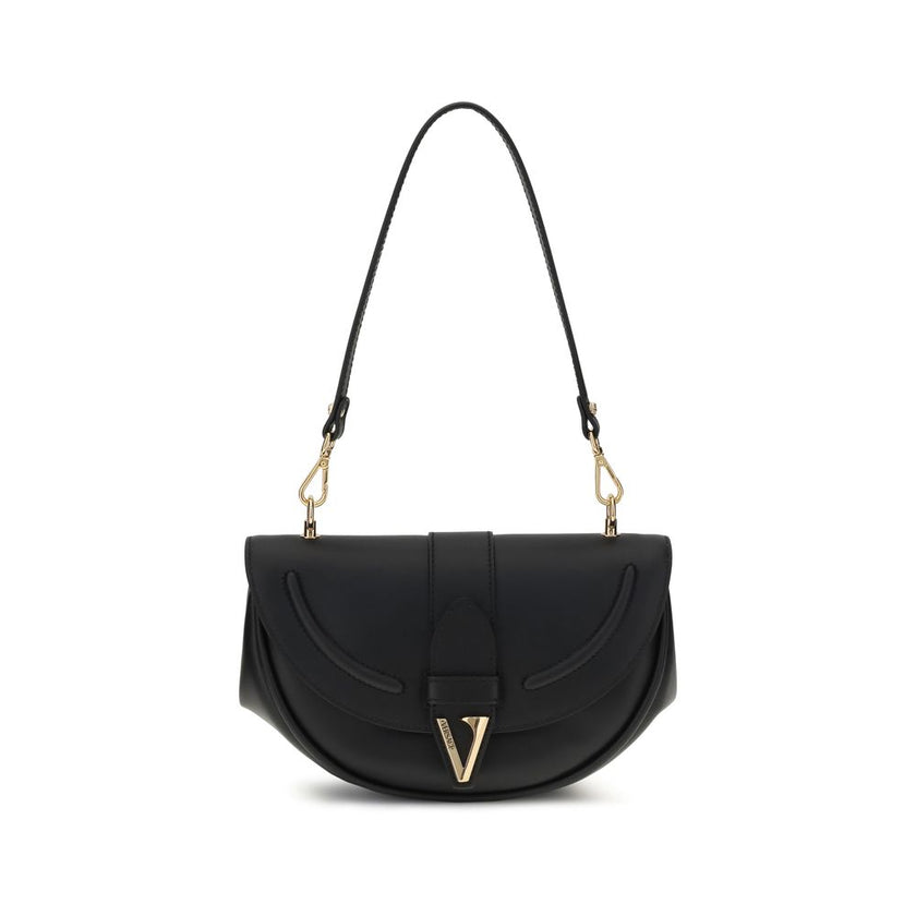 Black Calf Leather Bos Taurus Shoulder BagThe Medium Virtus Shoulder Bag by Versace embodies elegance and character with its iconic V-shaped accessory engraved with the Versace logo. Equipped with a front flap with magnetic closure, it features an interio