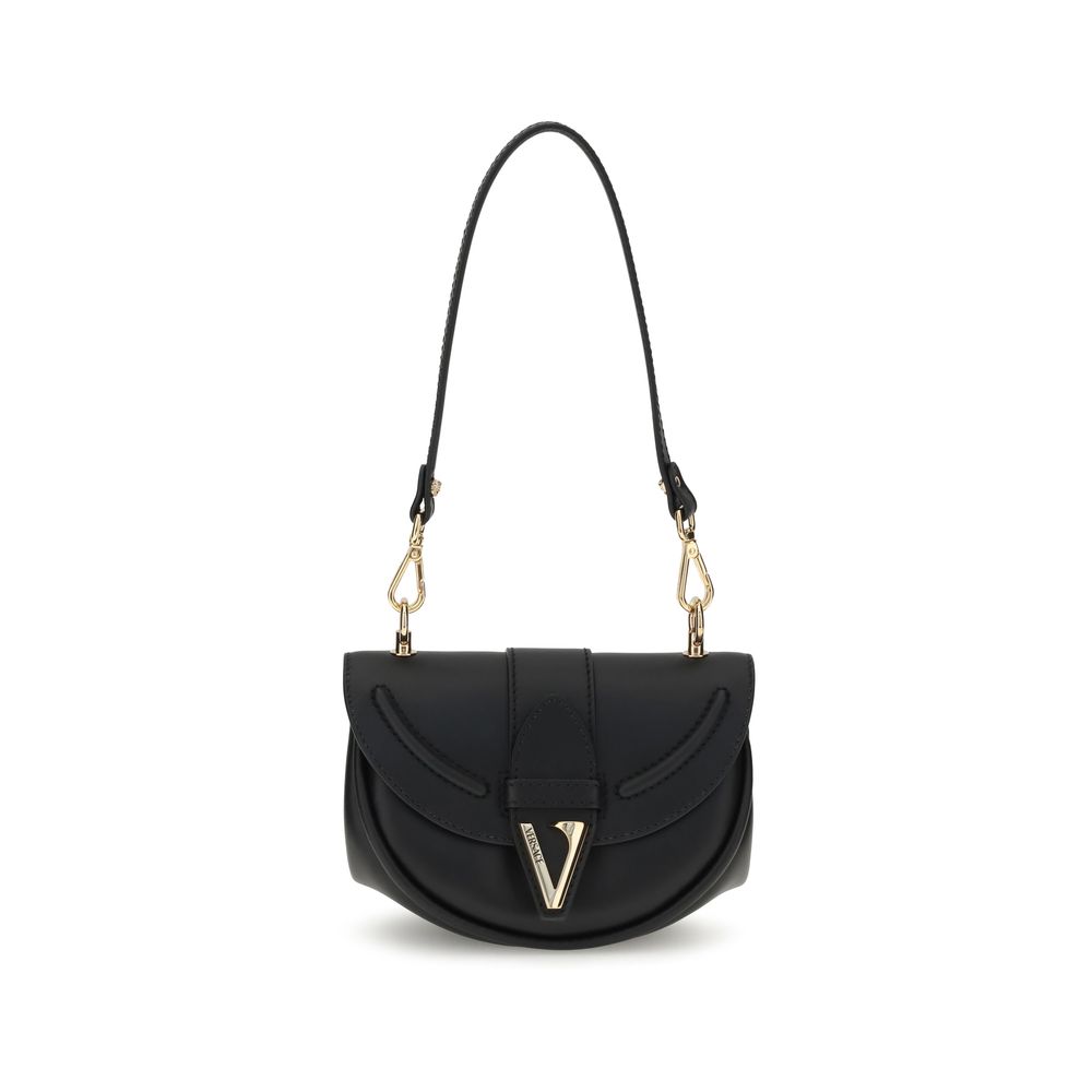 Black Calf Leather Bos Taurus Shoulder BagVersace’s Virtus Small Shoulder Bag embodies elegance and character with its iconic V-shaped accessory engraved with the Versace logo. Equipped with a front flap with magnetic closure, it features an interior smal