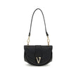 Black Calf Leather Bos Taurus Shoulder BagVersace’s Virtus Small Shoulder Bag embodies elegance and character with its iconic V-shaped accessory engraved with the Versace logo. Equipped with a front flap with magnetic closure, it features an interior smal